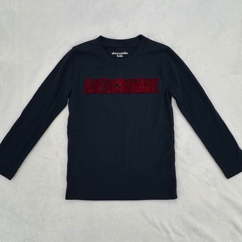 Abercrombie Kids Boys Navy Blue Long Sleeve Graphic Tee Chenille Logo Size 5/6
